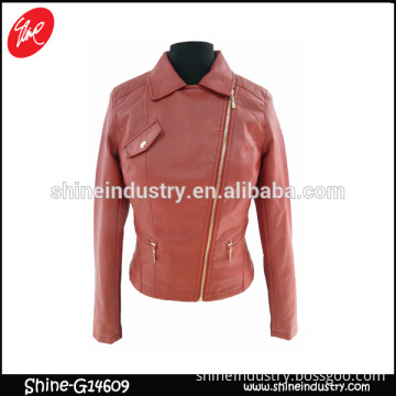 Lapel Zipper women's clothing Red PU jacket